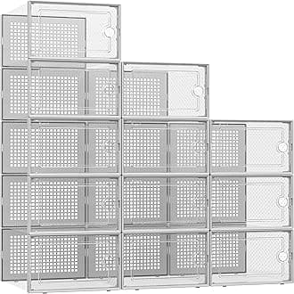 Kuject X-Large Shoe Storage Boxes Organizers Clear Plastic Stackable 12 Pack, Shoe Rack & Holder Substitute, Sneaker Containers, Toy Storage Organizer Bins for Entryway, Closet, Under Bed, Grey