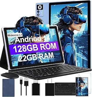 2024 Newest Android 14 Tablet 22GB RAM 128GB ROM 1TB Expand, 10.1 inch 8000mAh Octa-Core Tablet with Keyboard & Mouse, HD IPS Display, 5G Wi-Fi, Bluetooth, GPS, Widevine L1, Split Screen -Metal Blue