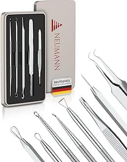 Blackhead Remover Set (Stainless Steel) for Removing Pimples, Blackheads etc. - Comedone Squeezer, Lifter, Remover - Various Tools: Loops, Tweezers, Lancet [Silver]