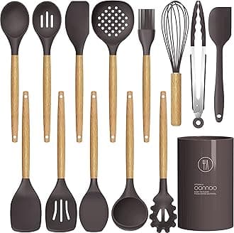 Silicone Cooking Utensils Set - 446°F Heat Resistant Silicone Kitchen Utensils for Cooking,Kitchen Utensil Spatula Set w Wooden Handles and Holder for Non-Stick Cookware, BPA FREE (Coffee)