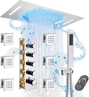 MONDAWE 23-Inch 64-Color LED Music Thermostatic Shower Jet System Set, Ceiling Mount Waterfall Rainfall Luxury Rain Shower Head System with Handheld, Chrome