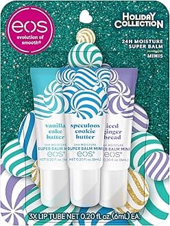 eos Holiday 24H Moisture Mini Super Balm Set- Speculoos Cookie Butter, Iced Gingerbread, Vanilla Cake Batter, Limited-Edition Lip Care, Stocking Stuffers, 0.20 fl oz, 3-Pack