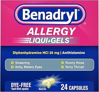 Benadryl Liqui-Gels Allergy Medicine, Dye-Free Liquid Gel Capsules with 25 mg of Diphenhydramine HCl Antihistamine for Relief of Allergy & Cold Symptoms Like Runny Nose & Sneezing, 24 ct