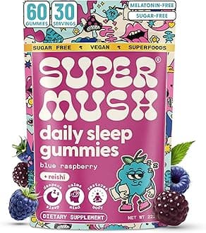 SuperMush Sleep Gummies for Adults - Mushroom Supplement with Magnesium Citrate, L-Theanine, Chaga, Reishi & Chamomile for Deep Sleep, REM & Detox - Vegan & Sugar-Free - 60 Gummies (30 Servings)