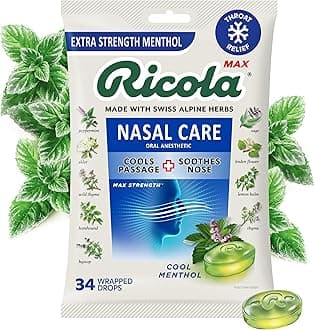 Ricola MAX Nasal Care Cool Menthol Drops with Extra Menthol - Maximum Nasal Comfort and Sore Throat Relief for Cold & Flu Symptoms - 34 Count - Herbal Throat Lozenges