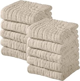 Muslin Baby Washcloths 100% Cotton Face Towels 10 Pack Wash Cloths for Baby 12x12in Soft and Absorbent Baby Wipes by Yoofoss (Apricot)