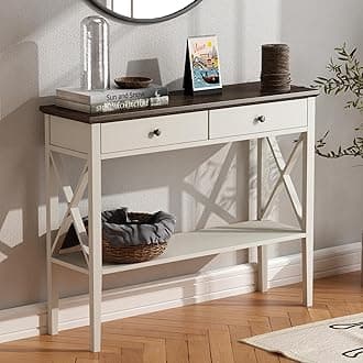 Farmhouse Console Table with Drawers, Narrow Wood Accent Sofa Table Entryway Table with Storage Shelf for Entryway, Front Hall, Hallway, Living Room, Antique White & Brown
