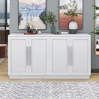 Harper & Bright Designs Storage Cabinet, Sideboard with 4 Doors Large Storage Space Buffet Cabinet with Adjustable Shelves and Silver Handles for Kitchen/Dining Room/Living Room, White