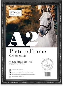 A2 Black Ornate Picture Frame Fits A2 (42 x 59.4cm - 16.5 x 23.4in) Poster, Photo, Artwork, or Print. Shabby Chic Style Portrait and Landscape Display with Wall Hooks