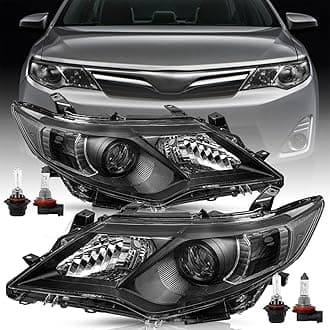 Headlight Assembly Fits For 2012 2013 2014 Toyota Camry L/Le/Xle/Hybrid/SE Driver and Passenger Side (Black Housing with Clear Reflector) w/Halogen Bulbs