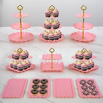 Pack of 10 NWK Cake Stand Set, with 3 x Two-Tier and 3 x Three-Tier Cupcake Stands, 4 x Appetizer Trays, 1 x Tablecloth for Birthday Bridal Baby Shower Party (Pink)