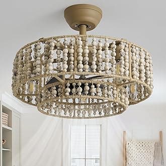 20" Boho Chandelier Ceiling Fans with Lights, Rustic Fandelier Ceiling Fan with Light Remote Control, Caged Enclosed Wood Beaded 6 Speeds for Bedroom, Living Room, Dining Room