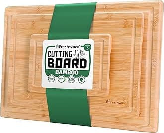 Wood Cutting Boards for Kitchen - Bamboo Cutting Board Set of 3, Cutting Boards with Juice Grooves, Serving Board Set, Chopping Board for Meat, Veggie, Easy Grip Handle (9x6", 12x8", 15x10")
