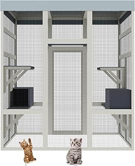 62.6" Large Wood Catio Outdoor Cat Enclosure, Outdoor Cat Cage with Waterproof Cover, Wooden Walk in Cat Shelter with Platforms and Resting Box, Rust-Proof Metal Wire