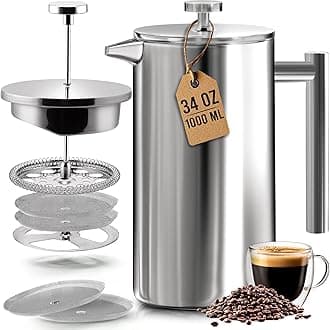 Utopia Kitchen 304 Grade Stainless Steel French Press Coffee Maker 34 Oz, Double Wall Insulated Coffee Press with 4-Level Filtration System, Include 2 Extra Filters, Rust-Free, Dishwasher Safe, Silver