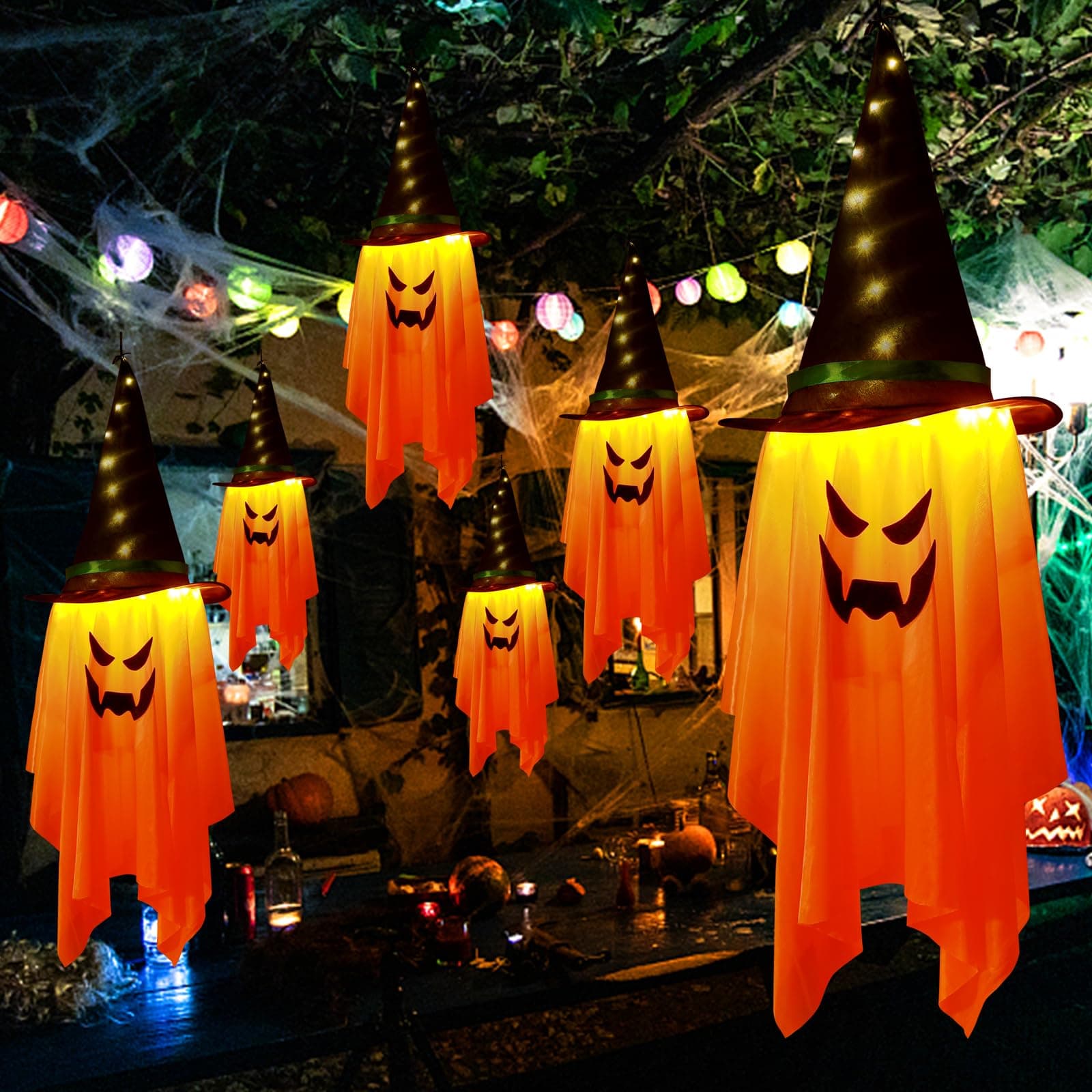 Halloween Decorations Hanging Ghost Lighted Flying Ghost Grim Reaper Skull Chains Glowing Ghost White Ghost Wizard Hat for Garden Yard Halloween Party Tree Door Lawn Party Supplies (Yellow)