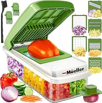 Mueller Vegetable Chopper, Mandoline Slicer, Food Veggie Chopper, Cheese Grater, Onion Vegetable Cutter with Container, Dicer, Kitchen Gadgets & Essentials, White Sand/Green