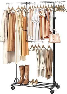 Hoctieon Clothing Garment Rack with Bottom Shelf, Heavy Duty Double Rods Clothes Hanging Rack with Wheels, Extendable Rolling Garment Rack with 2 Hooks, Commercial Clothing Storage Display, Chrome