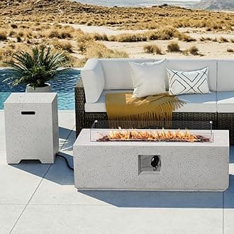COSIEST 2-Piece Outdoor Propane Fire Pit Table Set w Tank Table, 42" Terrazzo Rectangle Fire Table (Certified, 50,000 BTU) w 16" Tank Cover Side Table, Wind Guard, Rain Cover for Garden, Pool