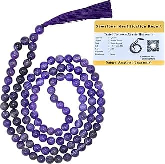 Crystal Heaven Amethyst Crystal Japa Mala Saadi - 108 Beads Buddhist Prayer Beads - Aaa Grade Original Healing Gemstone Agate Mala For Yoga Meditation Spiritual Reiki Feng Shui, Multicolour