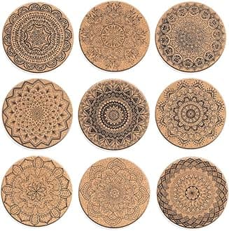 Soleebee Cork Coasters for Drinks, Reusable Cup Mat Round Cork Coasters Set for Home, Office, Bar, Restaurant - 4 Inches (Pack of 9)