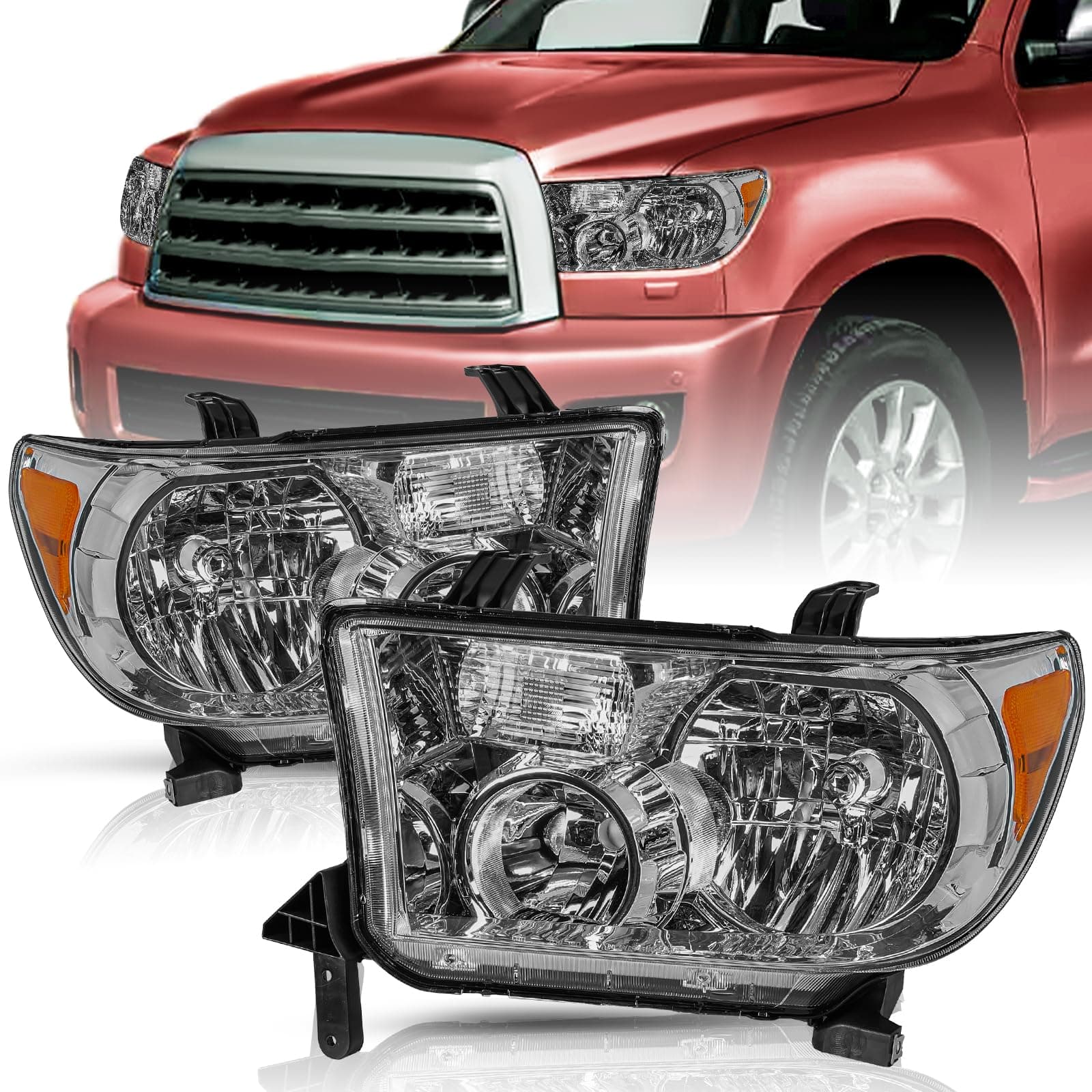 Headlight Assembly Replacement for 2007 2008 2009 2010 2011 2012 2013 Tundra / 2008-2017 Sequoia Driver and Passenger Side Amber Reflector with Smoke Lens without Bulbs