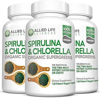 Allied Life Sciences Spirulina and Chlorella | Organic Chlorophyll Vegan Protein Powder Green Superfood Capsules | Natural Immune Support (3 Bottle Pack)