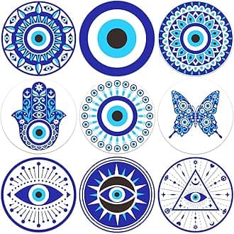 BENECREAT 9Pcs Evil Eye Wood Coasters, Butterfly Mandala Flower Wood Drink Coaster Coffee Cup Mat for Kitchen Table Bar Cup Home Dining Decor, 10cm Diameter, 5mm Thick