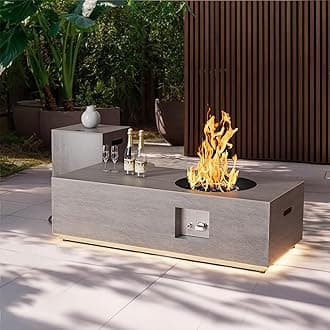 48" Patio Propane Fire Pit Table with Round Burner – 50,000 BTU Fire Pit Table with Lid, Rocks, Cover and Tank Storage – Large Modern Outdoor Deck Heater Table (Grey/Golden Light, 48" LED)