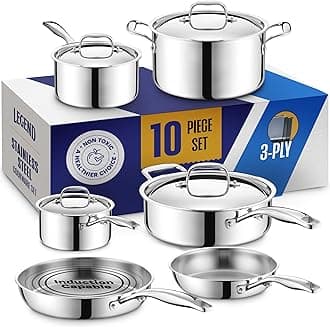 LEGEND COOKWARE 3 Ply 10 pc Stainless Steel Pots & Pans Set | Professional Quality Clad for Home Cooking & Commercial Kitchen Surface Induction & Oven Safe | Non-Teflon PFOA, PTFE & PFOS Free