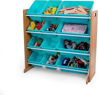 Kids Toy Storage Organizer with 12 Plastic Bins, Natural Wood/Aqua – Removable Bins for Playroom, Bedroom, Toddler Furniture for Boys and Girls Ages