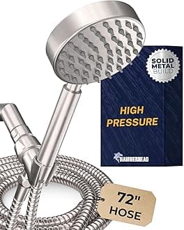 All Metal Hand Held Shower Head with Hose and Holder, Brushed Nickel | 2.5 GPM Rainfall Flow with Removable Restrictor | 4" Handheld Showerhead, 72 Inch Long Flexible Hose, Adjustable Bracket