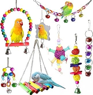 – 8 Pcs Bird Budgie Parakeet Toys, ESRISE Hanging Bell Budgie Swing Cockatiel Wooden Perch Chewing Toy for Small Parrots, Conures, Love Birds (Muliti-A)