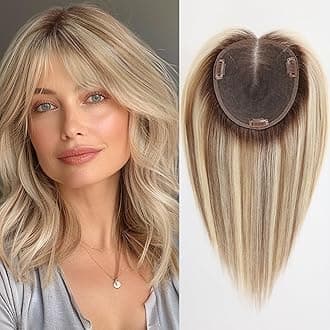 starluck 6x5 inch Large Swiss Base SilkHug 14 Inch Real Human Hair Toppers,60 Gram,100% Real Human Hair Toppers for Women with thinning (Blonde Mixed Brown with Warm Brown Roots T4/6/613#,with Bangs)