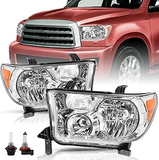 Tundra Headlights Assembly Replacement for 2007-2013 Tundra, 2008-2017 Sequoia, Driver & Passenger Side, Chrome Housing with Amber Reflector, NOT fit for 09-12 Tundra with Level Adjuster