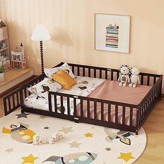 Full Floor Bed with Safety Guardrails for Kids, Rubber Wood Montessori Bed with Slats and Convertible Door,Full Size Bed Frame for Girls and Boys,No Box Spring Needed,Espresso