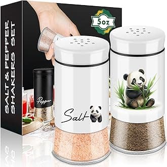 Panda Salt and Pepper Shakers Set,5 oz Glass Bottom Salt Pepper Shaker with Stainless Steel Lid Kitchen Decor and Accessories Refillable Design(Panda Eatting)