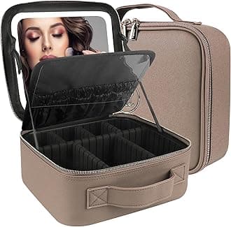 MOMIRA Travel Makeup Bag Cosmetic Bag Makeup Organizer Bag with Lighted Mirror, Adjustable Brightness in 3 Color Scenarios, Waterproof Makeup Train Case, Gift for Women, Z-Deep Apricot, Small