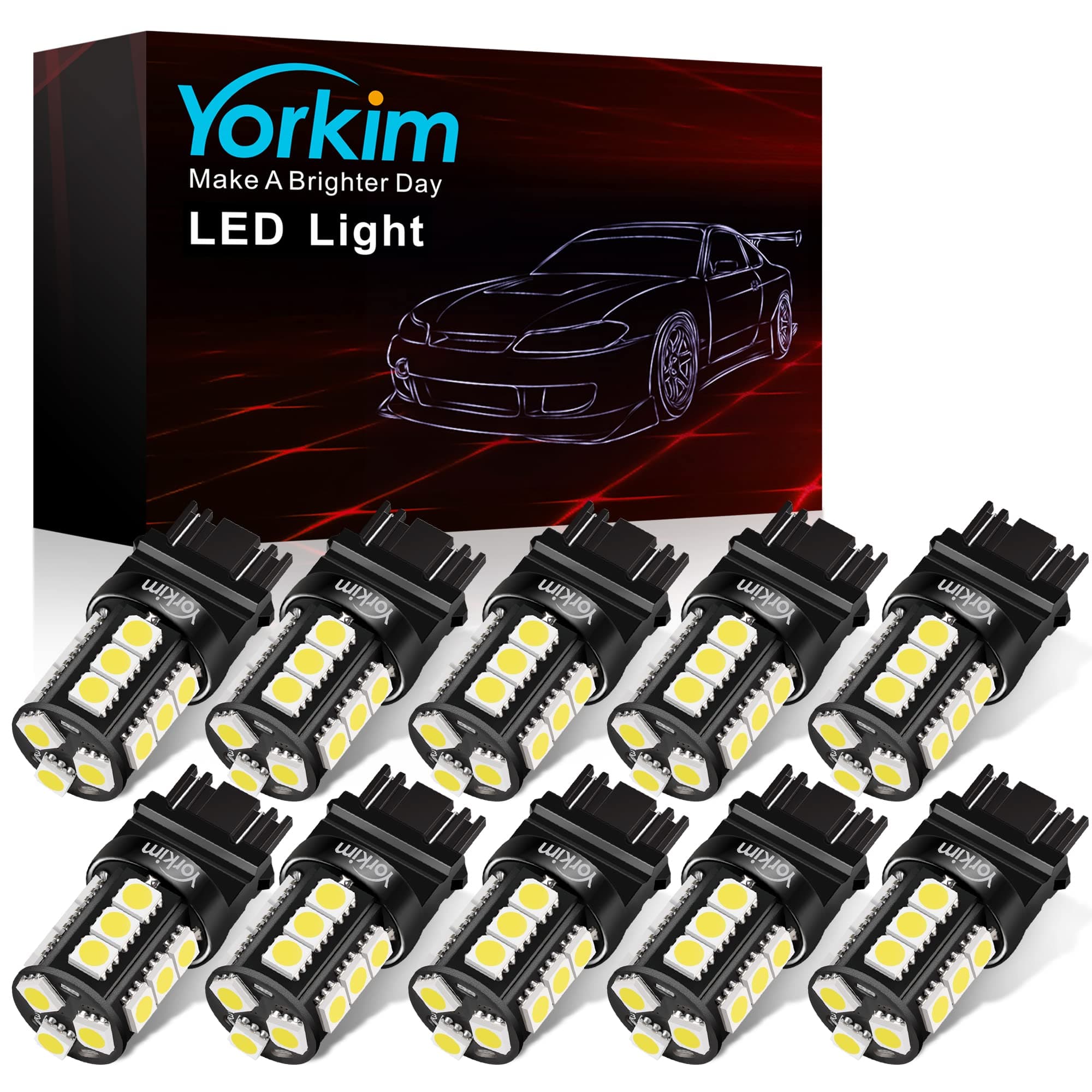 Yorkim 3157 LED Light Bulbs White Super Bright,3056 3156 3156A 3057 4057 3157 4157 T25 LED Bulbs for Brake Lights, Backup Reverse Lights,Reverse Tail Lights - Pack of 10