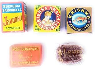 holy Pooja Pack of 5 Items- Divine Incense Set-Javadhu, Punugu, Aragaja, Gorojanam and kungumapoo,�