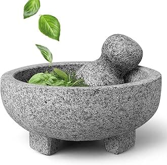 Flexzion Granite Mortar and Pestle Set - Solid Granite Stone Grinder Bowl Holder 7.9 Inch for Guacamole, Herbs, Spices, Garlic, Kitchen, Cooking, Medicine