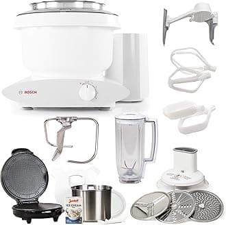 Bosch Universal Plus Kitchen Stand Mixer with Ultimate Accessory Bundle includes Cookie and Cake Paddles, Bowl Scraper, Blender, Large Slicer Shredder, Ice Cream Maker, Waffle Cone Maker, and More