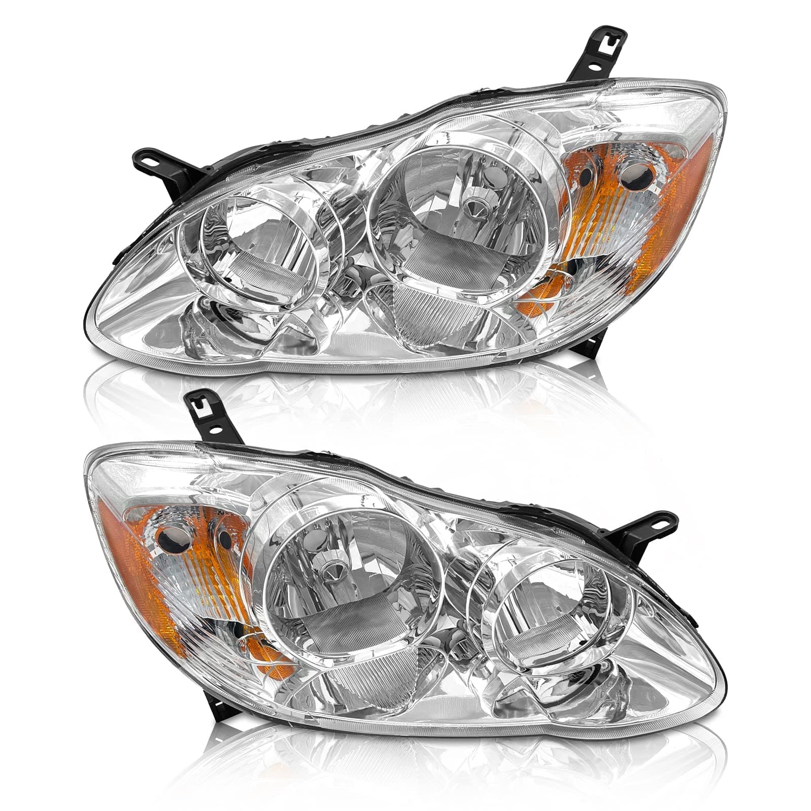 AS Headlight Assembly for 2003 2004 2005 2006 2007 2008 Toyota Corolla Headlamps Replacement for 03 04 05 06 07 08 Corolla Chrome Housing Amber Reflector Clear Lens Passenger Driver Pair