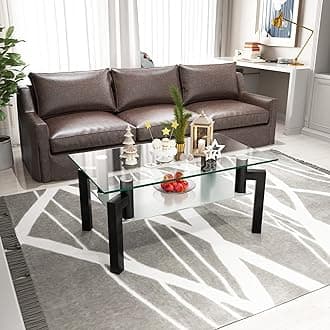 Glass Coffee Table, Modern End Table with Metal Legs, Glass Top Coffee Table for Living Room Black