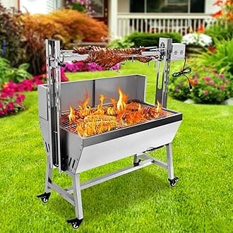 Stainless Steel Rotisserie Grill with Back Cover Guard, 25W Motor Small Pig Lamb Rotisserie Roaster, 37" BBQ Charcoal Rotisserie Roaster Grill for Camping Outdoor Kitchen