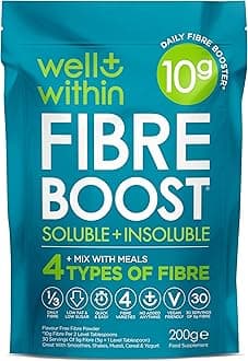 10g Fibre Supplement Prebiotic Powder, 1/3 NHS Daily Fibre, 4 Types Insoluble & Soluble Fibre 10,000mg (200g Bag, 30 x 5g Fiber) Well Within Gut Health Supplement, Fibre Powder for Men, Women