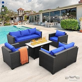 Rattaner 5 Pcs Outdoor Furniture Sets Patio Furniture Set with 45" Fire Pit Patio Couch Outdoor Chairs 60000 BTU Steel Propane Fire Pit Table No-Slip Cushions and Waterproof Covers, Royal Blue