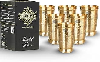 Indian Art Villa Pure Brass Glass Tumbler with Matt Finish Etched Design, for Drinking Serving Water, Yoga & Ayurveda, Volume-300 ML, Set of 6