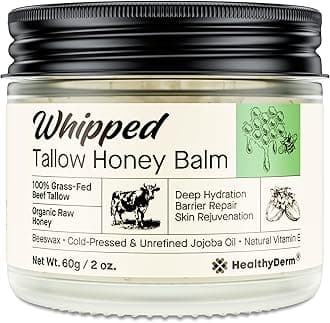 Beef Tallow Honey Balm for Skin: 100% Grass Fed Whipped Organic Moisturizer with Organic Raw Honey, Jojoba Oil, Vitamin E – Natural Face and Body Care for Mature, Dry or Sensitive Skin, 2oz