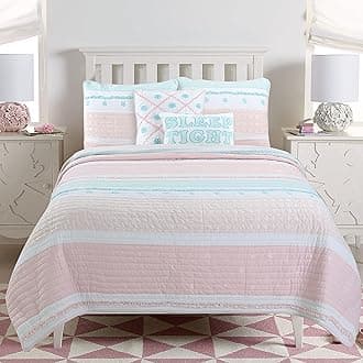Cozy Line Home Fashions Light Pink Blue Ruffles Girl 100% Cotton Reversible Quilt Bedding Set, Coverlet, Bedspread (Candy, Queen - 3 Piece: 1 Quilt + 2 Shams)